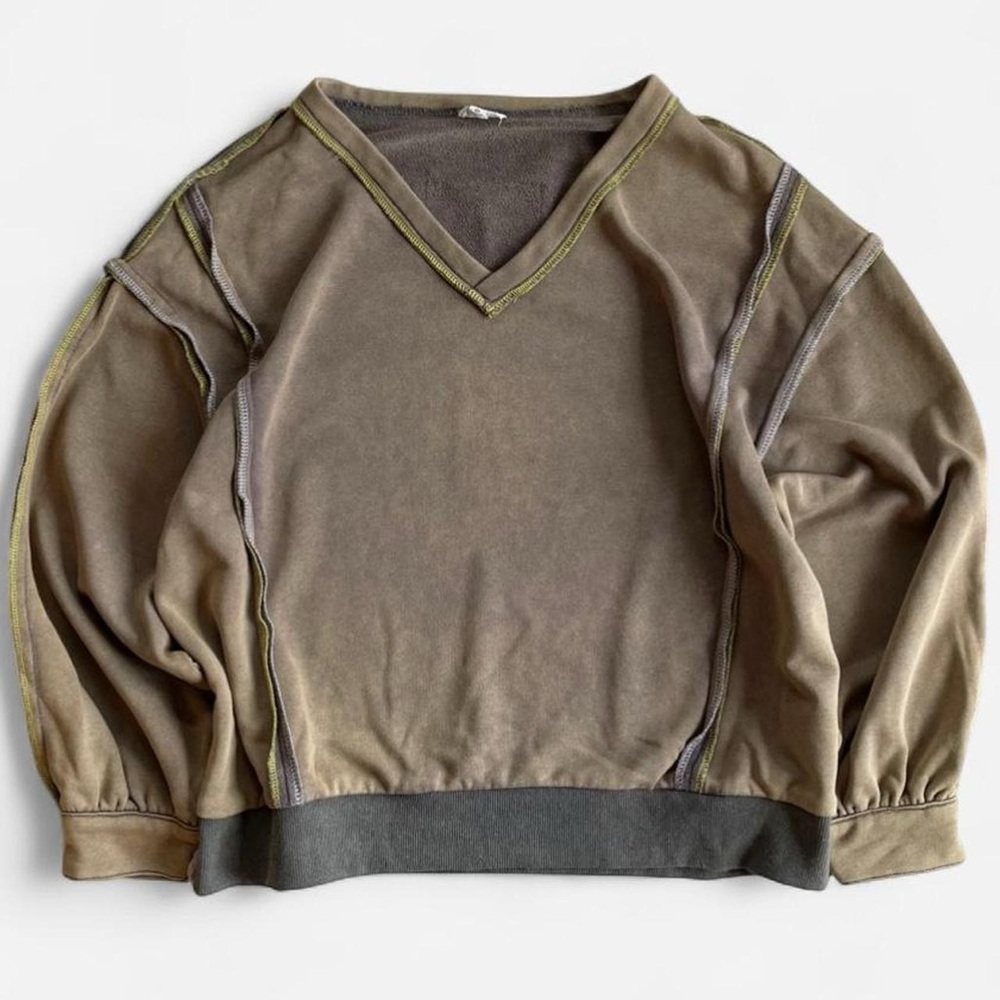 POL Oversized Reversed Seams Contrast Stitching Brown/ Gray Overdyed Sweatshirt
